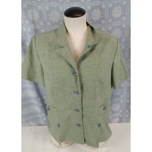 Sag Harbor Blazer Jacket Womens 14p Petite Green Career Shoulder Pads 4-Button‎